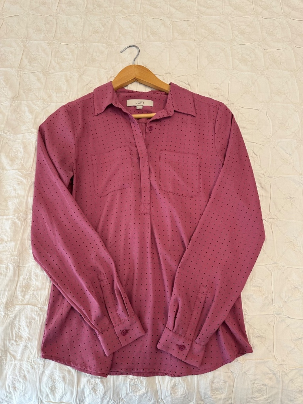 Loft pink and small black polka dot blouse, long sleeve, size XS